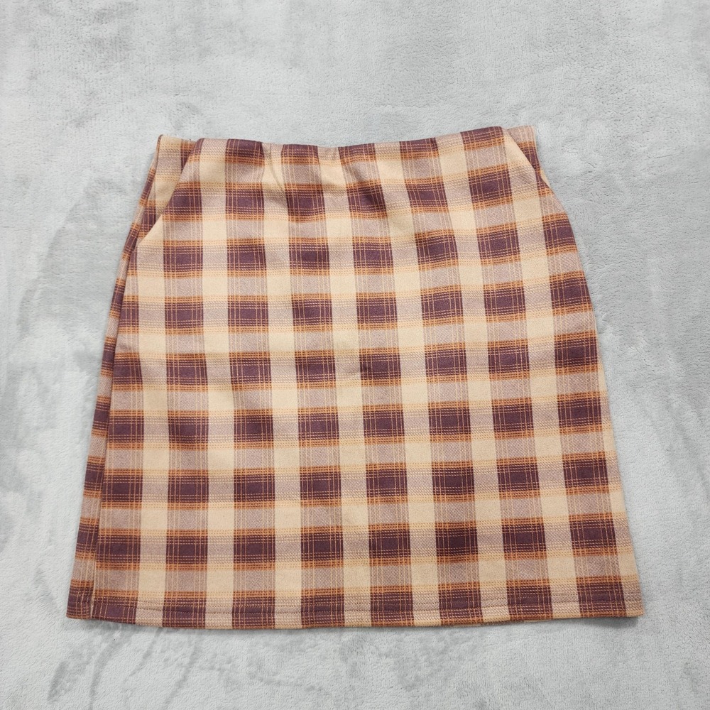 Potter's Pot Skirt Womens L Beige Plaid Faux Suede Pencil Mini Zip Back Lined